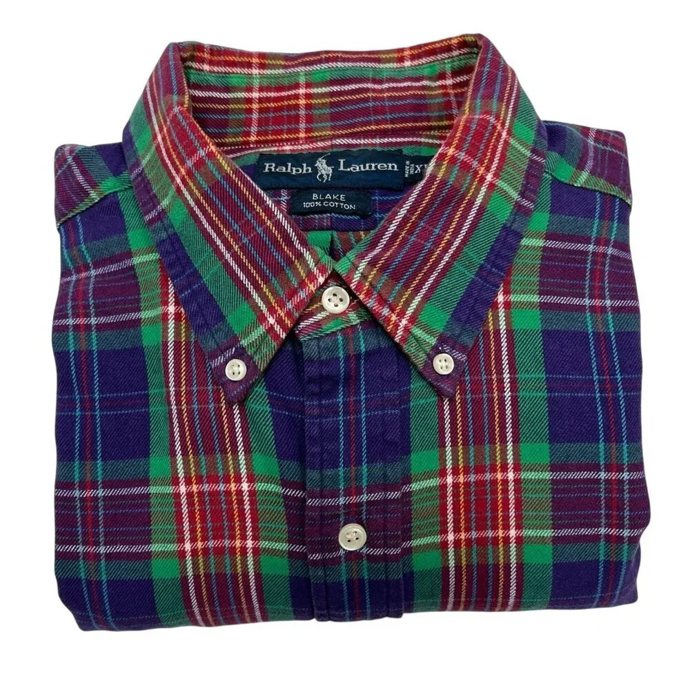 Polo Ralph Lauren Shirt Men XL Purple Green Plaid Button Down Shirt Logo‎ Preppy